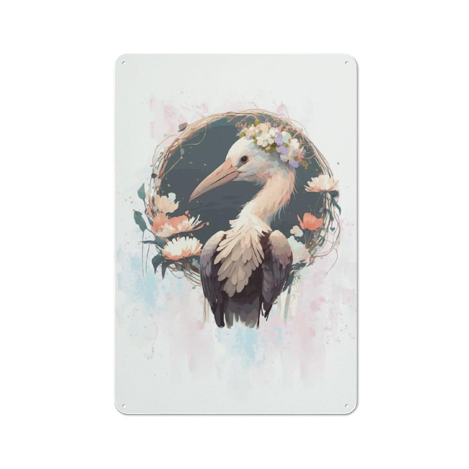 Junmoney Style-2 Nostalgic Floral Watercolor Stork Metal Wall Sign 30X20cm, Classic Pub Decor For Bar, Kitchen, Garage Or Games Room