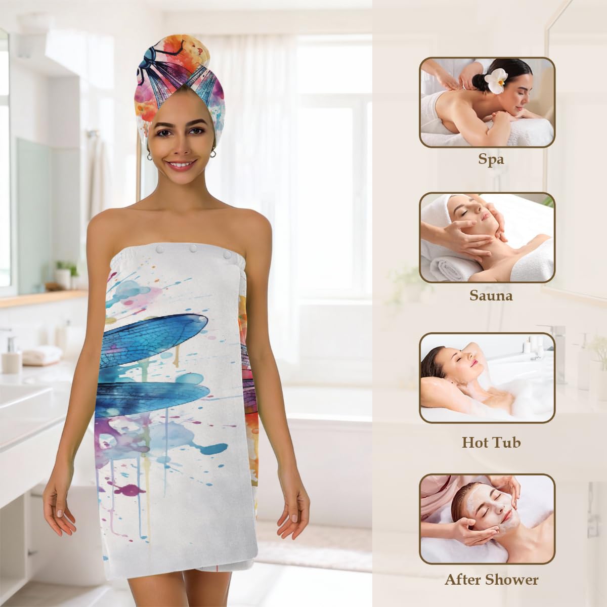 Mikrofaser-Duschtuch für Damen, mit Haar-Handtuch, Aquarell-Libelle, Tierdruck, weiche Körperwickel, Kleid mit Haartrocknungskappe für Strand, Pool, Spa, 2 Sets