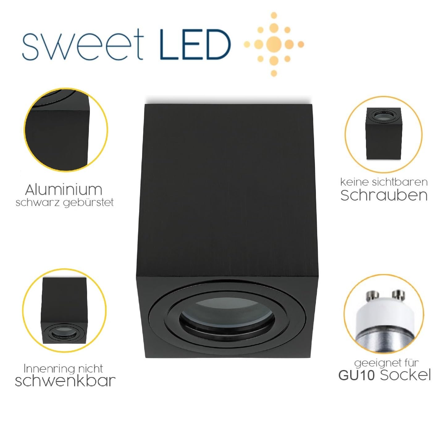Sweet Led Set di 4 faretti da incasso GU10, IP44, rettangolari, colore nero spazzolato, adatti per bagno e ambienti umidi, faretto da incasso in alluminio 230 V, faretti da soffitto senza lampadina