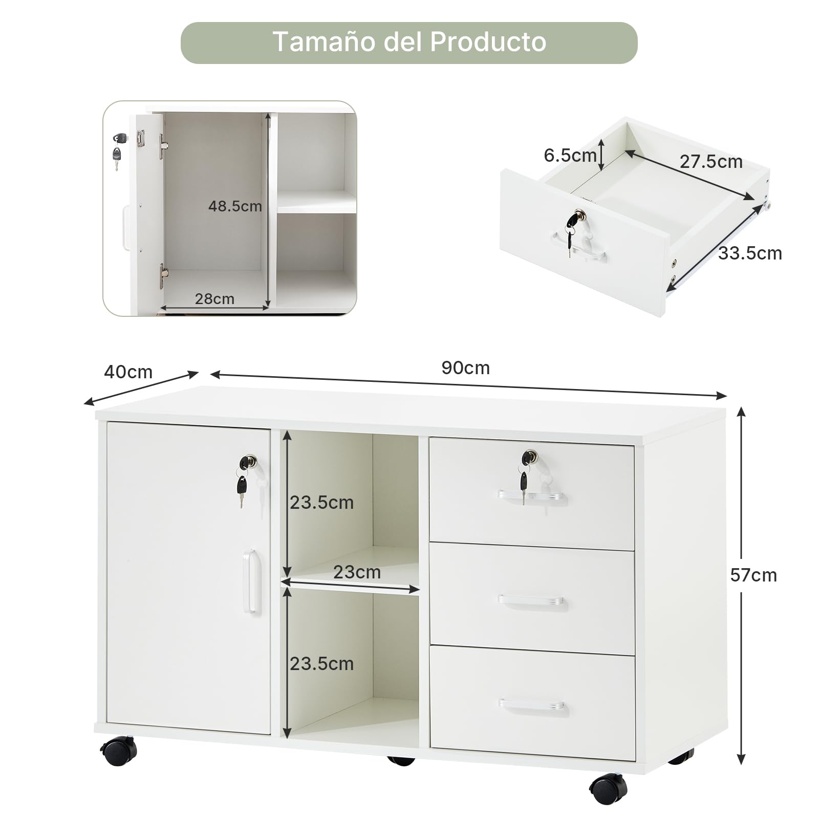 LEMROE Cajonera móvil con ruedas con cajones, cerradura y soporte | Para impresora con estantes abiertos, armario de almacenamiento para papelería (blanco) Adecuado para oficina o hogar