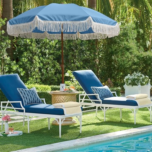Image of AMMSUN 7ft Patio Umbrella with Fringe Outdoor Tassel Umbrella UPF50+ Premium Steel Pole and Ribs Push Button Tilt, Sky Blue