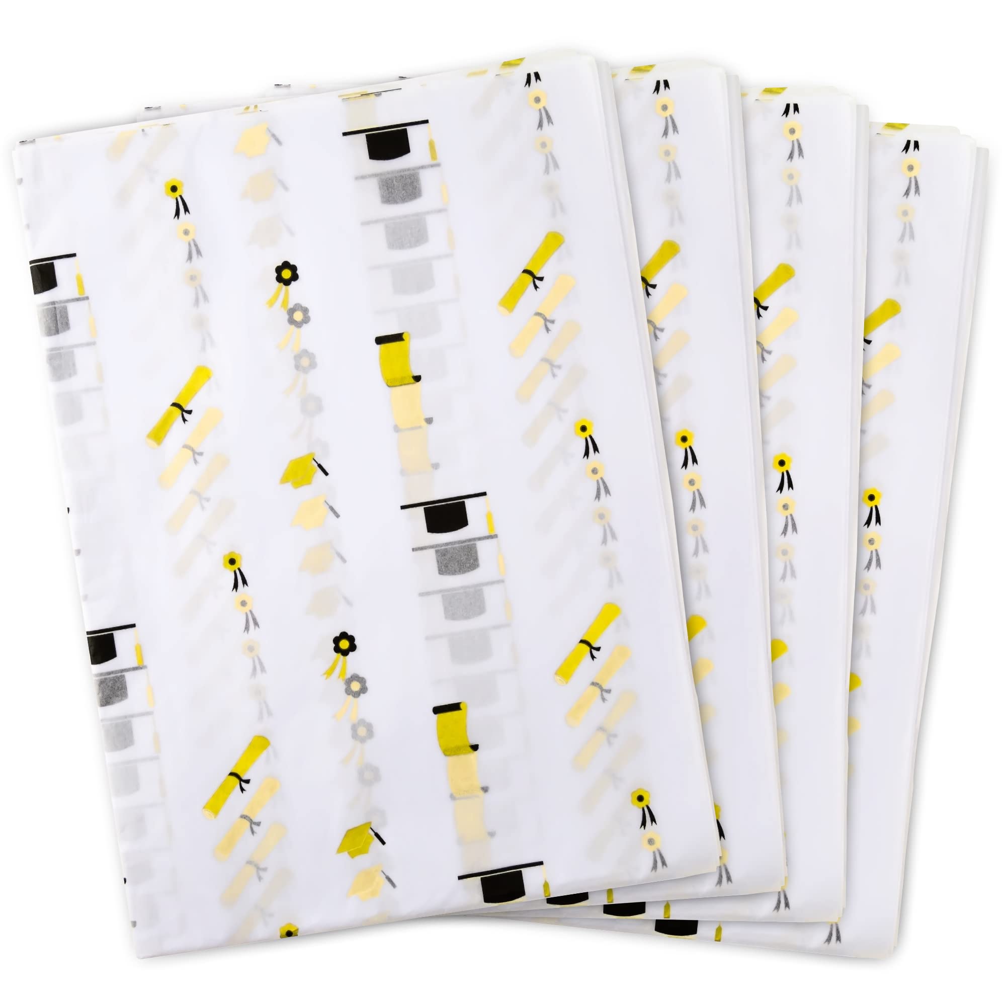 100 Sheets Graduation Tissue Paper Bulk,14x20 inch,Graduation Tissue Paper for Gift Bags,White with Gold and Black Graduation Cap Diploma Pattern