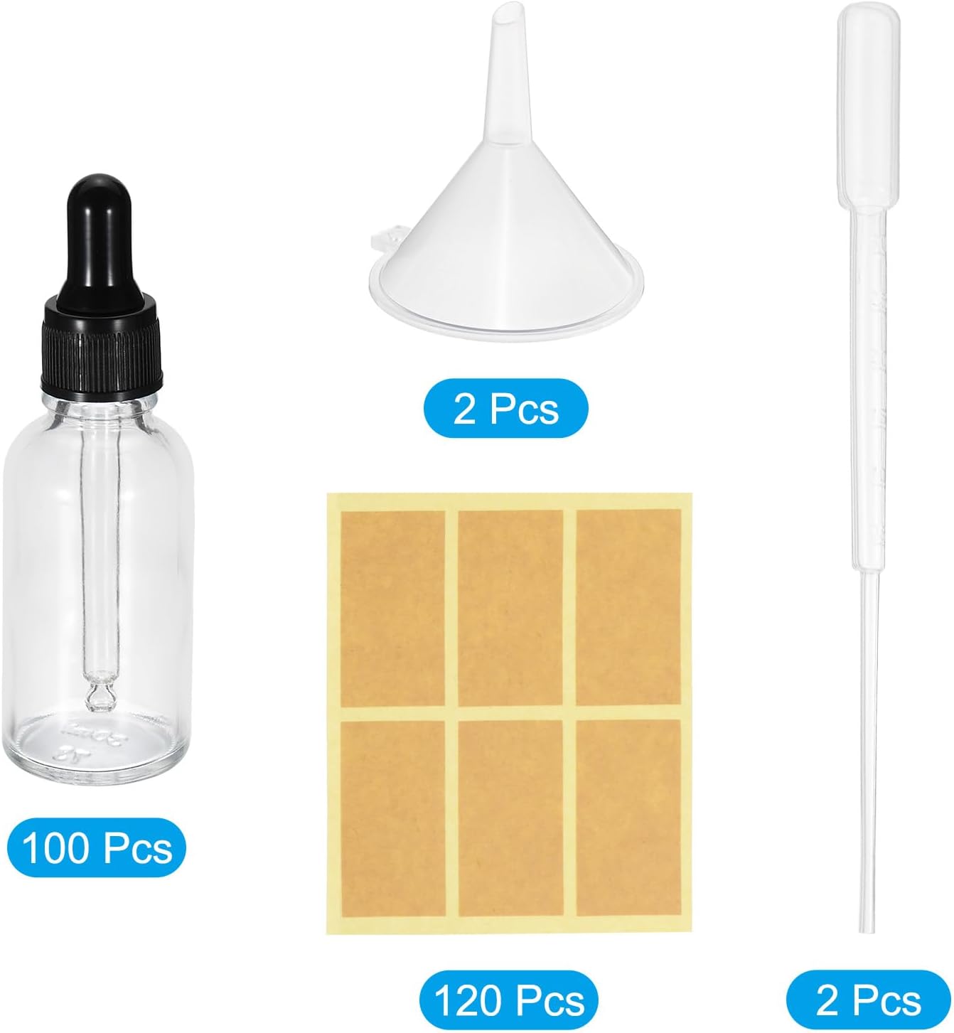 PATIKIL 30ml Glass Dropper Bottle, 100Pcs Leakproof Essential Oils Sample Liquid Perfume Container with Eye Dropper Labels Funnel for Storage Home Travel, Clear