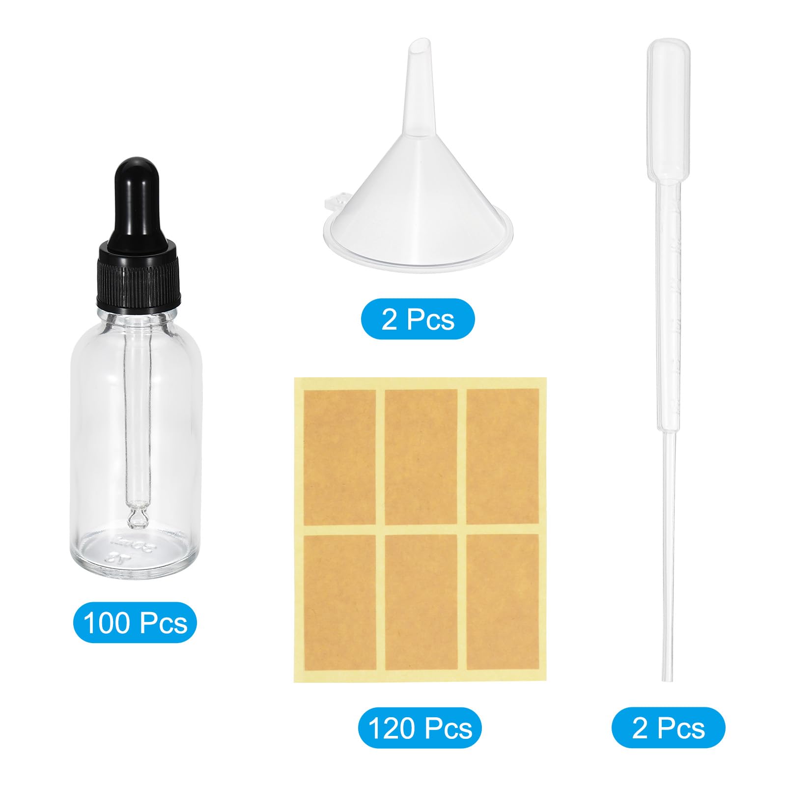 PATIKIL 30ml Glas-Tropfflasche 100 Stück Dichte Ätherische Öle testen Flüssigkeit Parfüm Behälter Mit Pipette Etiketten Trichter Für Aufbewahrung Zuhause Reisen Klar