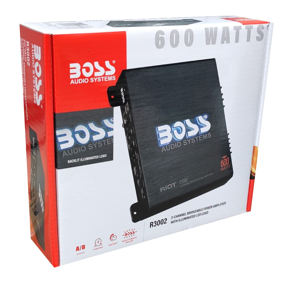 KIT SET PER BOSS AUDIO SYSTEMS RIOT R3002, 1 amplificatore stereofonico 2 canali 600 watt max, classe a/b, con bass boost e remote per subwoofer incluso, 1 pezzo