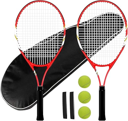 Raquetas de tenis para 2 jugadores recreativas para principiantes, juego de raquetas adultas ligeras preencordadas de 27 pulgadas para mujeres y