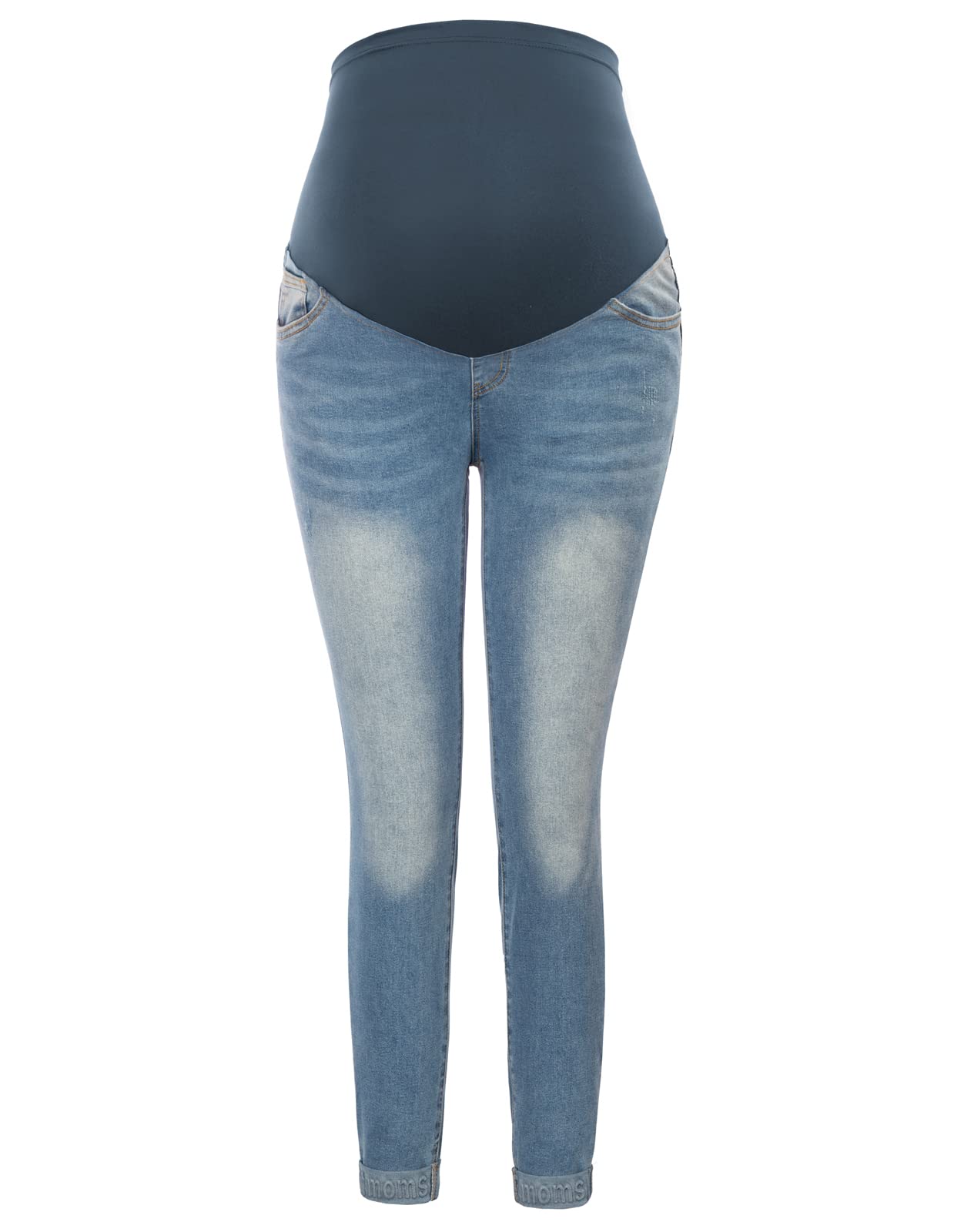 Maacie Pantalones de maternidad largos elásticos vaqueros para embarazo, cómodos vaqueros para primavera y verano, Azul claro con dobladillos enrollados, S