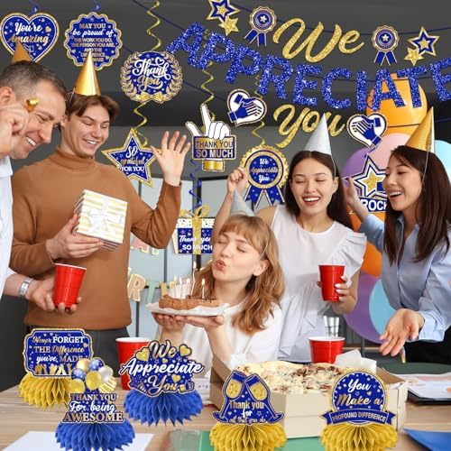 Image of We Appreciate You Decorations, Navy Blue & Gold Thank You Banner, Employee Appreciation Table Decorations & Hanging Swirls for Pastor Appreciation Events