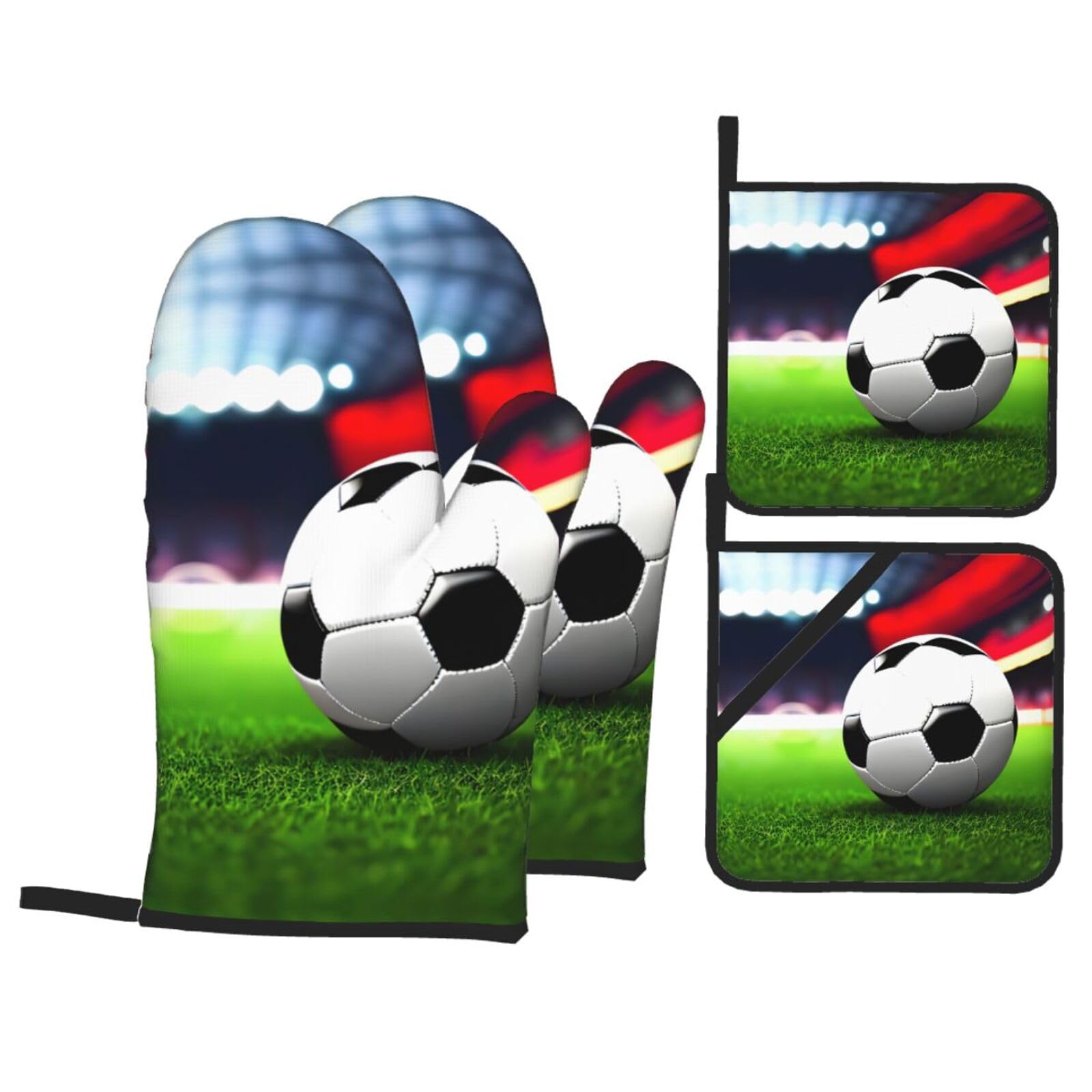 Nimongt Black Soccer Sports Ball Print Heat-Resistant 4-Piece Oven Kitchen Gloves For Baking Cooking Microwaving Essentials