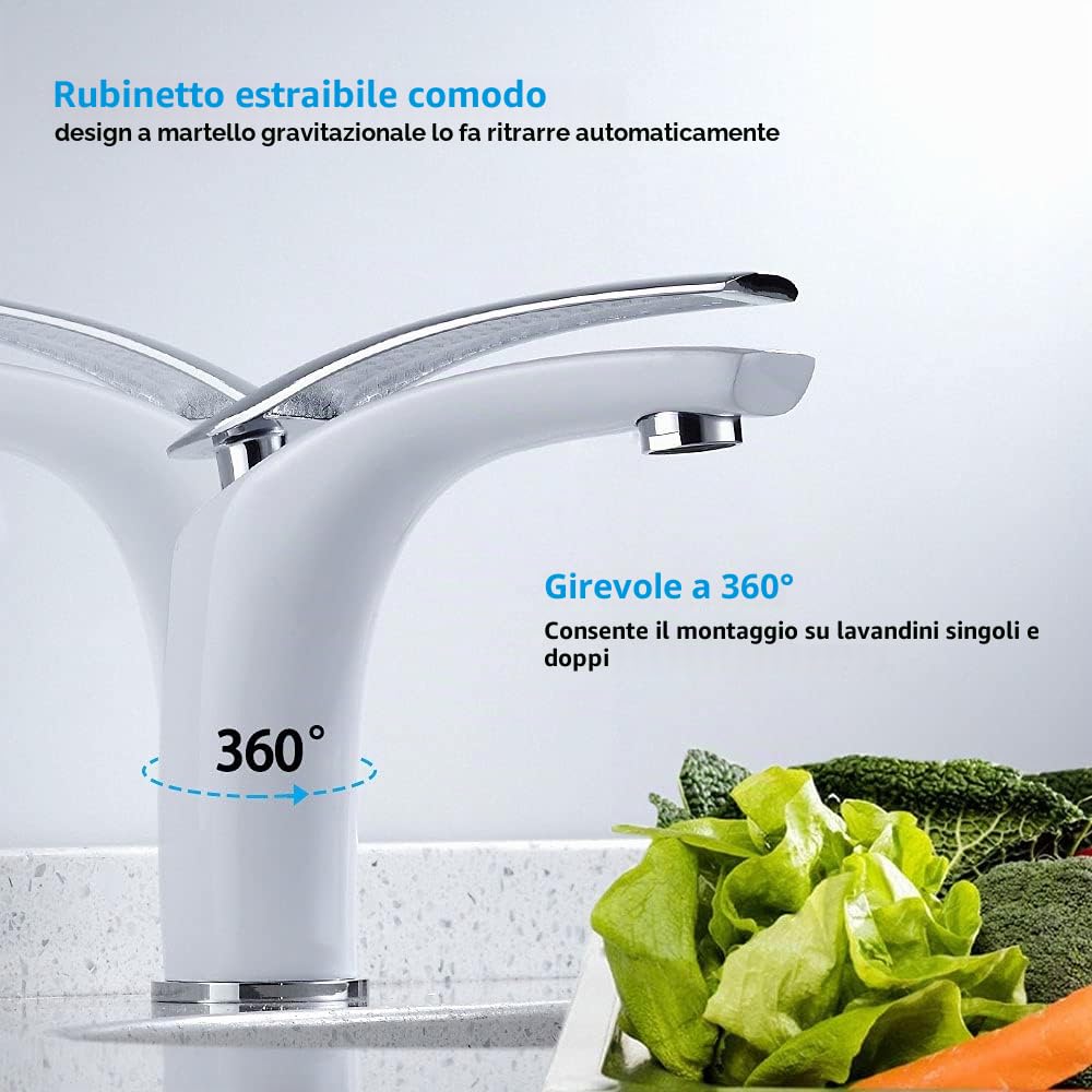 JTWEB Rubinetto da bagno, bianco, miscelatore per lavabo, miscelatore monocomando, bagno, miscelatore acqua fredda e calda, stile moderno ed elegante, bianco