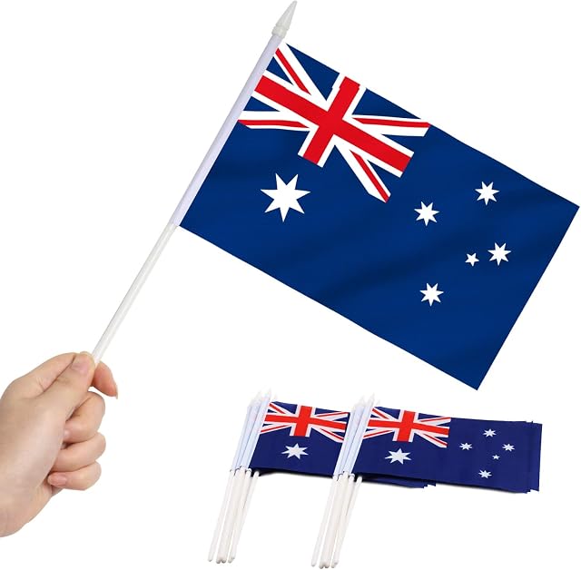 Anley Australia Stick Flag, Australian 5x8 inch HandHeld Mini Flag With 12" White Solid Pole - Vivid Color and Fade Resistant - Hibernian 5 x 8 inch Hand Held Stick Flags With Spear Top (1 Dozen)
