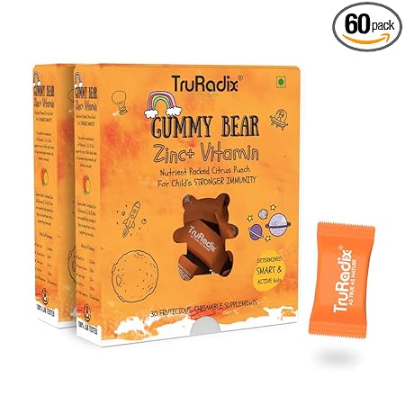 Truradix Immunity Booster for Kids - Vitamin C With Zinc for Kids  Vegan Gummy Bears with Vitamins C, A, D2 for Toddlers and Kids  Yummy Vitamin C Chewable with Zinc  Pack of 2 x 30 Gummy Bears