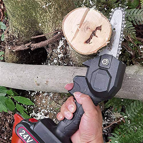 CJCGLOBAL Handheld Cordless Chainsaw with Charger and 2 Battery | Mini 4-Inch Cordless Electric Protable Chainsaw, Adjustable Cutting Speed for Wood Cutting, Tree Pruning and Garden (Black)