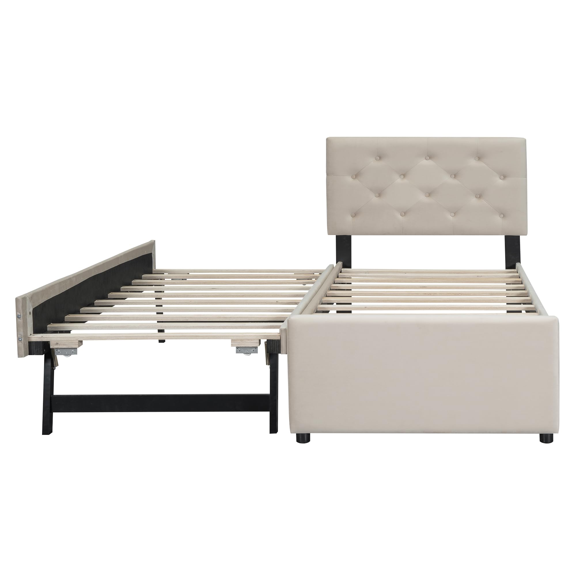 Soweiz Letto imbottito, letto con rete a doghe (senza materasso), letto con contenitore arrotolabile, velluto, minimalista, 90 x 200 cm (beige)