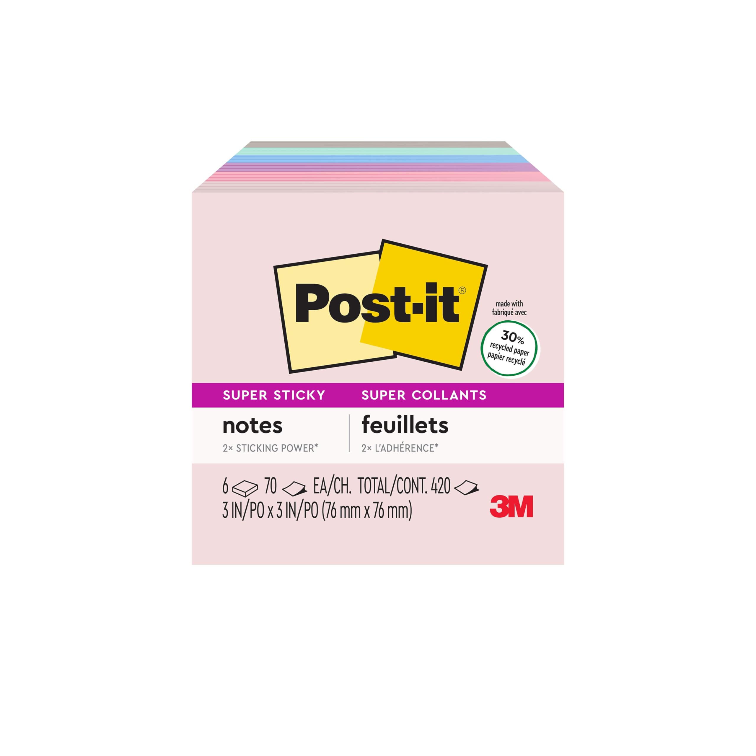 Post-it Super Sticky Riciclato Notes, 5 Colori Pastello, Bastoncini e Resticks, 7,6 x 7,6 cm