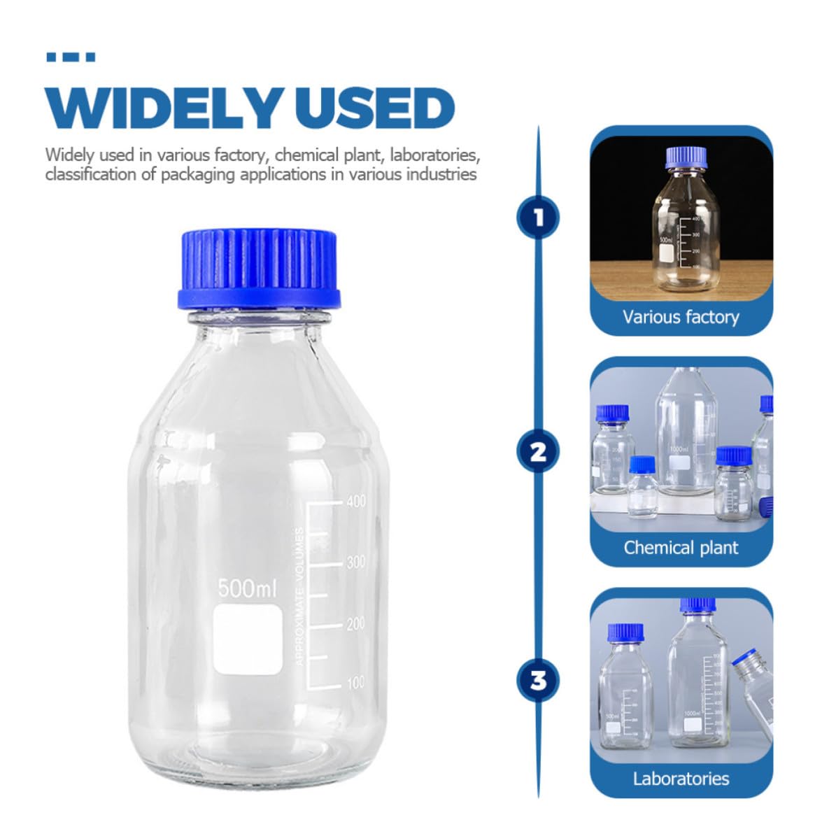 Veemoon 3 Pezzi Bottiglia di Vetro per Reagenti da 500ml Tappo a Vite Blu, Resistente a Rotture e Usura, per Impianti Chimici e Laboratori
