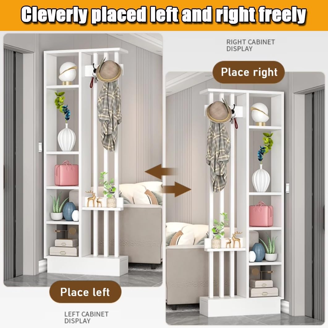 Wood Room Divider Bookshelf with Coat Rack - Freestanding Privacy Screen & Storage Cabinet, Decorative Display Shelf for Home Office & Living Room Organization