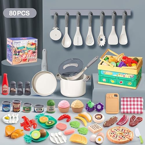 Miniatura 2 de Juego de cocina de 80 piezas, cocina para niños pequeños con ollas, sartenes, utensilios de cocina, alimentos, manta de picnic, frutas, verduras,