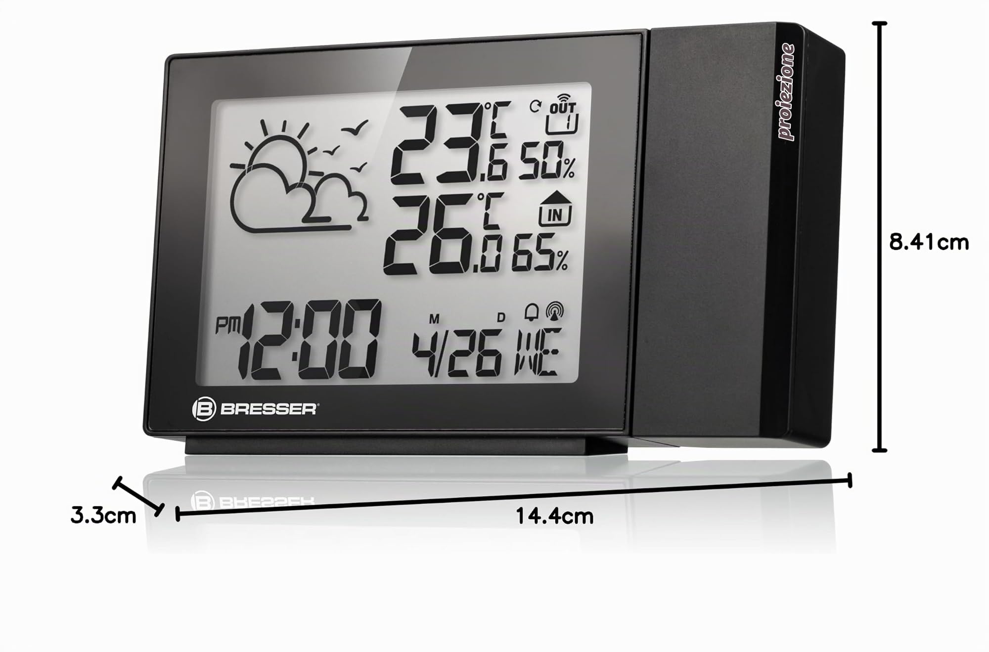 Bresser MeteoTemp P Stazione meteo con sensore esterno, proiezione | Temperatura interna ed esterna, umidità, previsioni meteo, proiezione, avviso gelo, sveglia, fino a 3 sensori