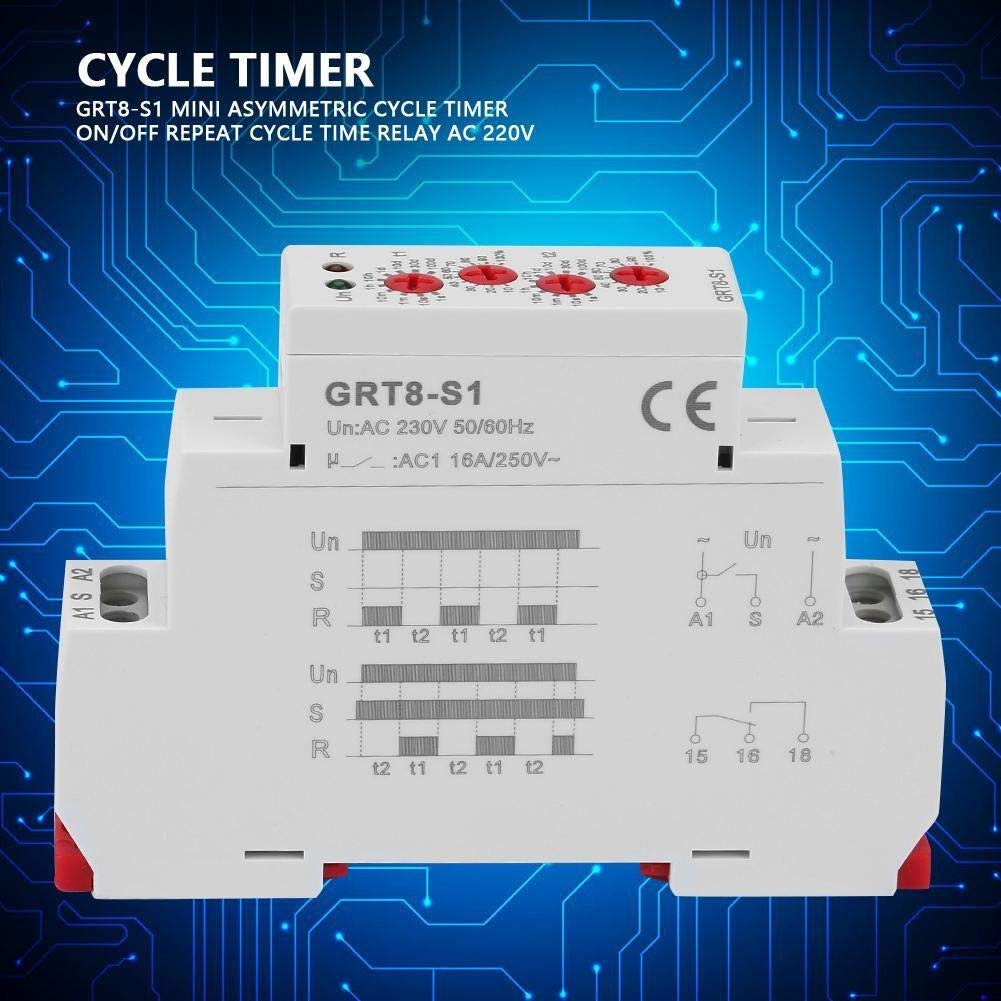 DEWIN Cykl Asymetryczny timer, przekaźnik cyklu GRT8-S1 mini asymetryczny cykl timer/off powtarzający się czas cyklu AC 230V