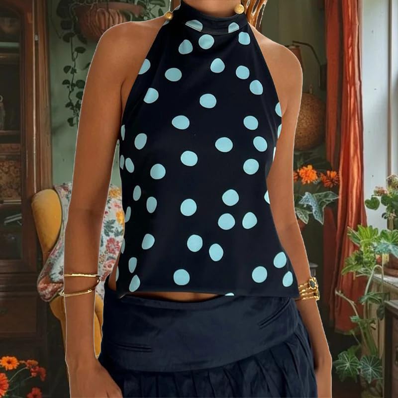 Women Floral Print Halter Tank Top Sleeveless Backless Crop Top Polka Dot Vest Flowy Summer Going Out Streetwear3