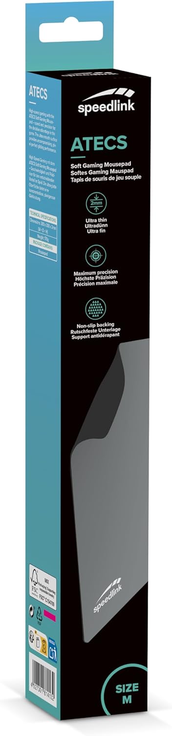 Speedlink ATECS Soft Gaming Mouse Mat M 38 x 30 cm - Mouse Mat Medium Size, Smooth Textile Surface, Mouse Mat for Gamers, Office, Desk, Keyboard, Non-Slip, Grey