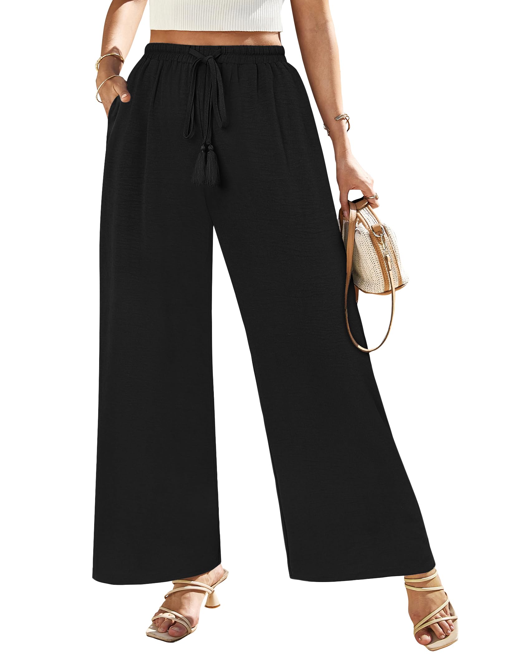 Womens Wide Leg Pants High Waisted Drawstring Loose Palazzo Pant Trendy Casual Flowy Beach Trousers with Pockets