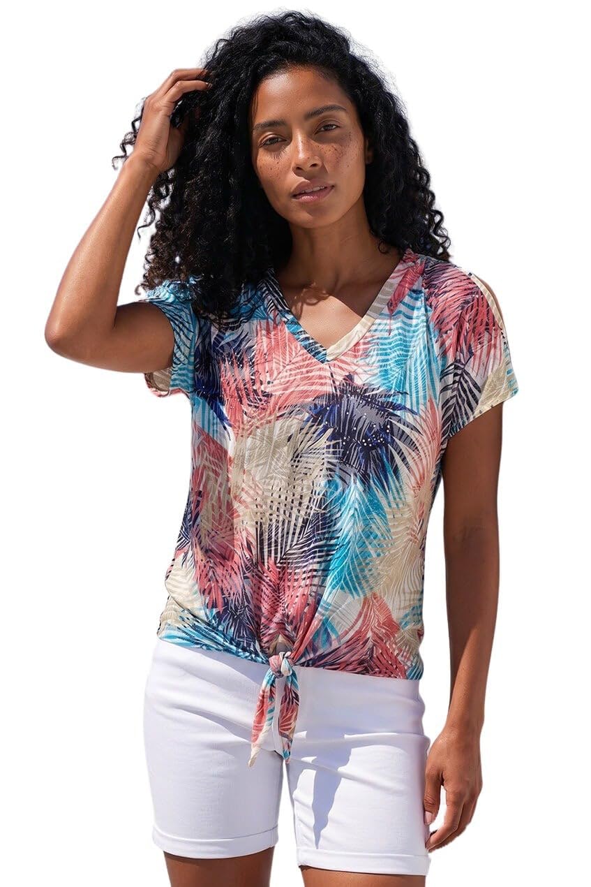 Roman Originals Women's Coral Burnout Cold Shoulder Top For Uk - Everyday Holiday Spring Summer V-Neckline Comfy Soft Evening Vacation Work Party - Burnout - Size 20