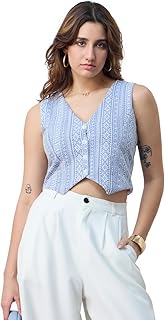 the souled store Linen Blend Vest: Aztec Women and Girls V Neck Sleeveless Button Front Blue Printed Polyester Blend Regular Fit Cropped Tops-picture-27