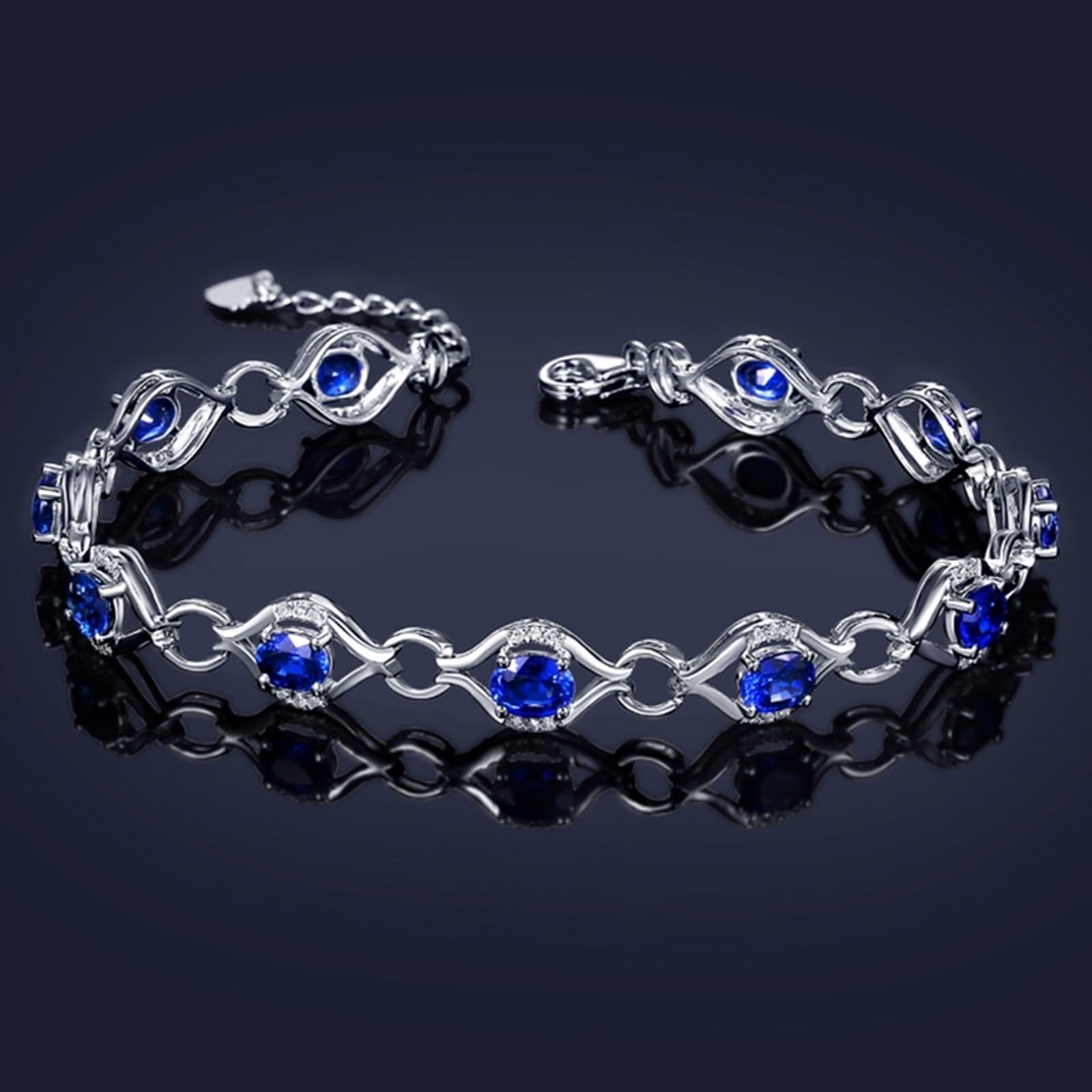 Bracciali in Oro Bianco 18k/14k/9k Vero, Bracciale Donna con Zaffiro 4.6ct 16-18 cm Estensione 4 cm con Diamante, Braccialetto Sposa Fidanzati