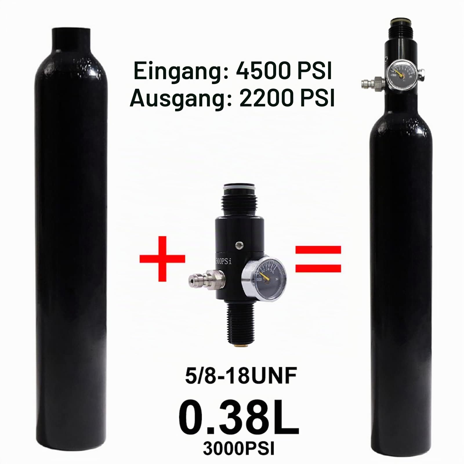 TUXING 4500 psi PCP Paintball-Tank 0,38 l 4500 psi CE-geprüfter Aluminiumzylinder mit Paintball-Reglerventil Reglermanometer Ausgangsdruck: 2200 psi-5/8-18NUF