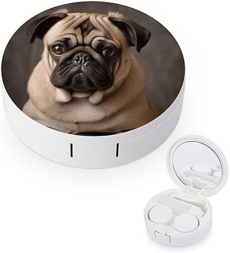 Estuche para lentes de contacto, caja de contacto con estampado de perro Pug de viaje, con solución de espejo, aplicador de botellas, kit de