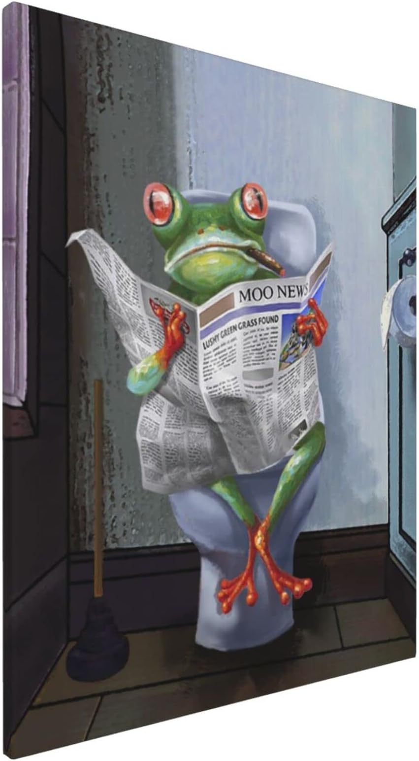 IAGM Frogs Sitting On The Toilet Reading Newspaper Canvas Wall Art Modern Artwork Funny Animal Painting Picture Home Decor For Living Room Bedroom Bathroom Framed Ready To Hang 16x20in