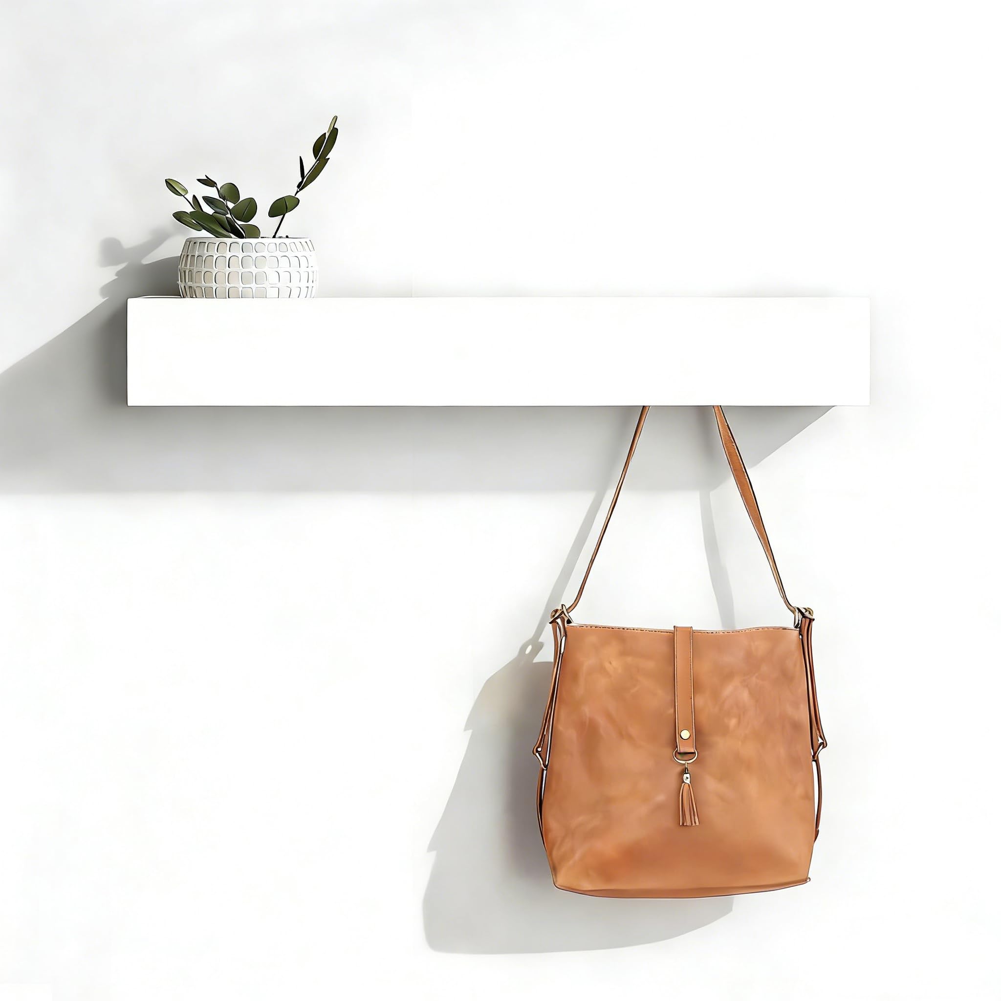 Perchero de Pared con Estante, 43,5 cm, Moderno Colgador de Pared Para Abrigos con 5 Ganchos Ocultos, Perchero Pared Blanco para Entrada, Salón y Dormitorio