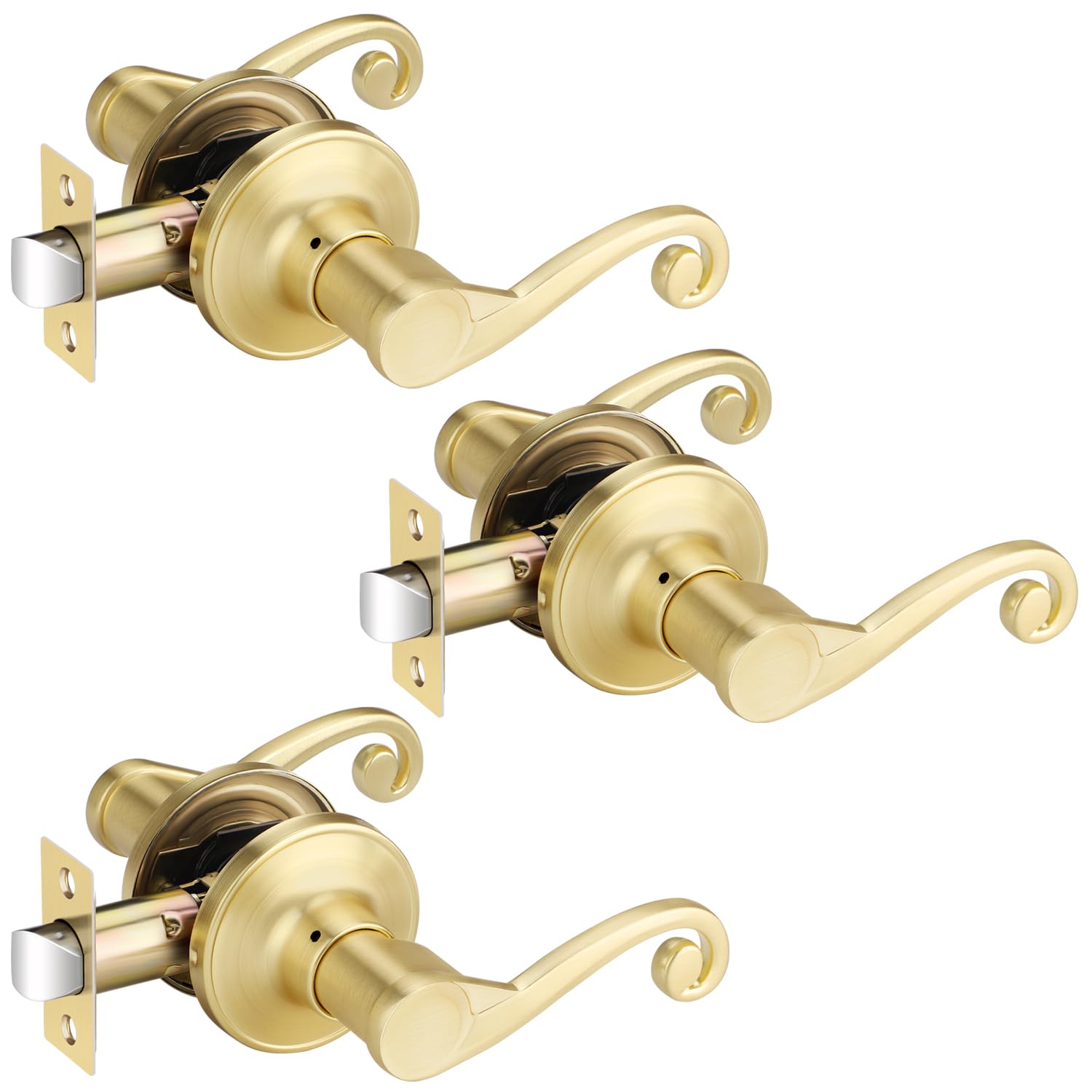 Bonpoly 3 Pack Gold Door Handles, Brass Door Lever Passage Door Lever for Hallway and Closet, Keyless Interior Door Levers for Right Hand, Satin Brass Finish