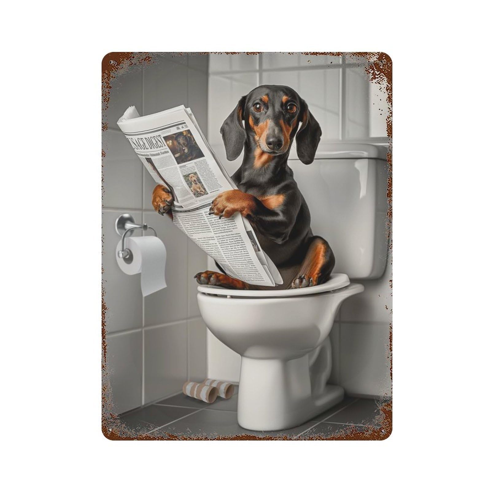 Dachshund on The Toilet Rusty Metal Tin Sign 15.7"x11.8", Industrial Home Decor for Garage, Pub Or Kitchen