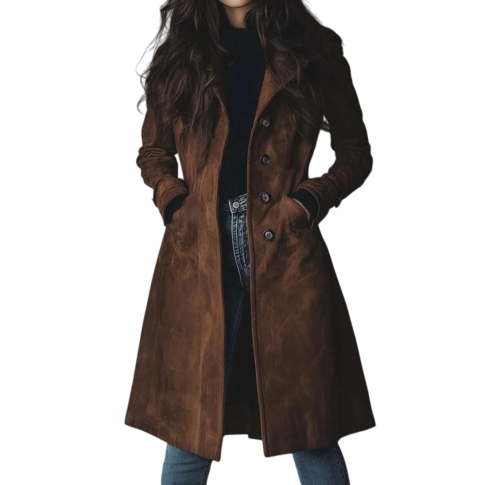 Damen Trenchcoat aus Wildlederimitat, einreihig, lang, Revers, schmale Passform, geeignet für Arbeit und Büro im Herbst und Winter