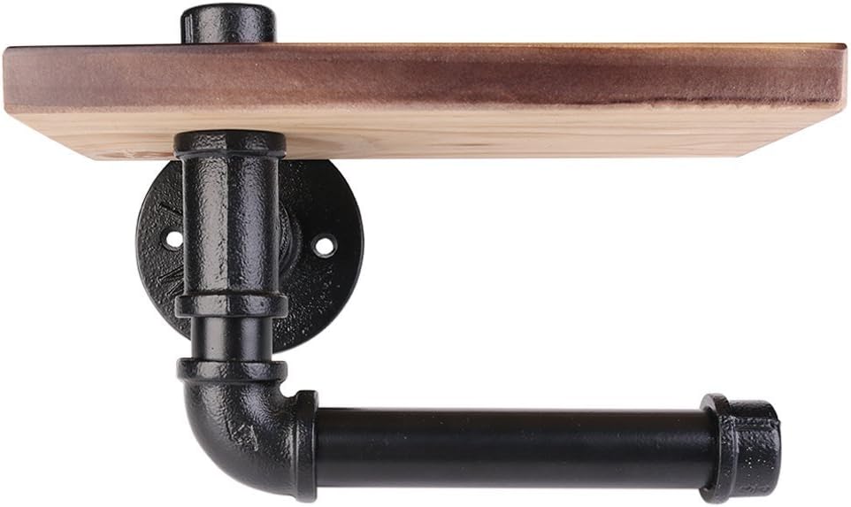 Candora Industrial Pipe Toilet Paper Roll Holder Towel Dispenser Storage Rustic Style Tissue Hanger Black Malleable Metal Iron & Brown Wood Wall Mounted Bathroom Paper Shelf