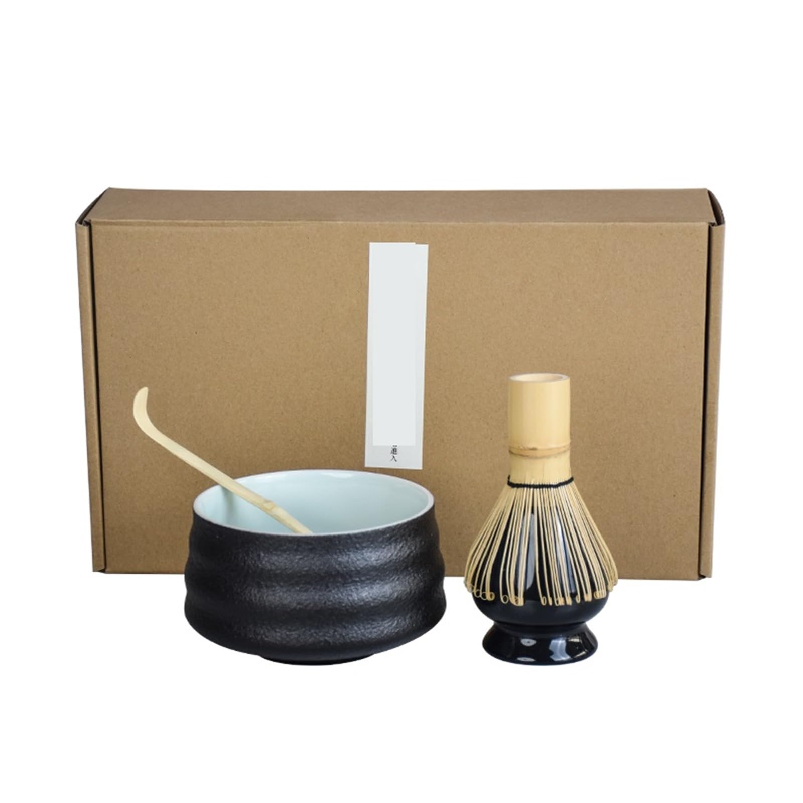 Ensemble de 4 pièces de service à thé Matcha fait à la main, facile à nettoyer, avec support, bol, fouet, cuillère, accessoires traditionnels de cérémonie Kit Thé Matcha(All black)