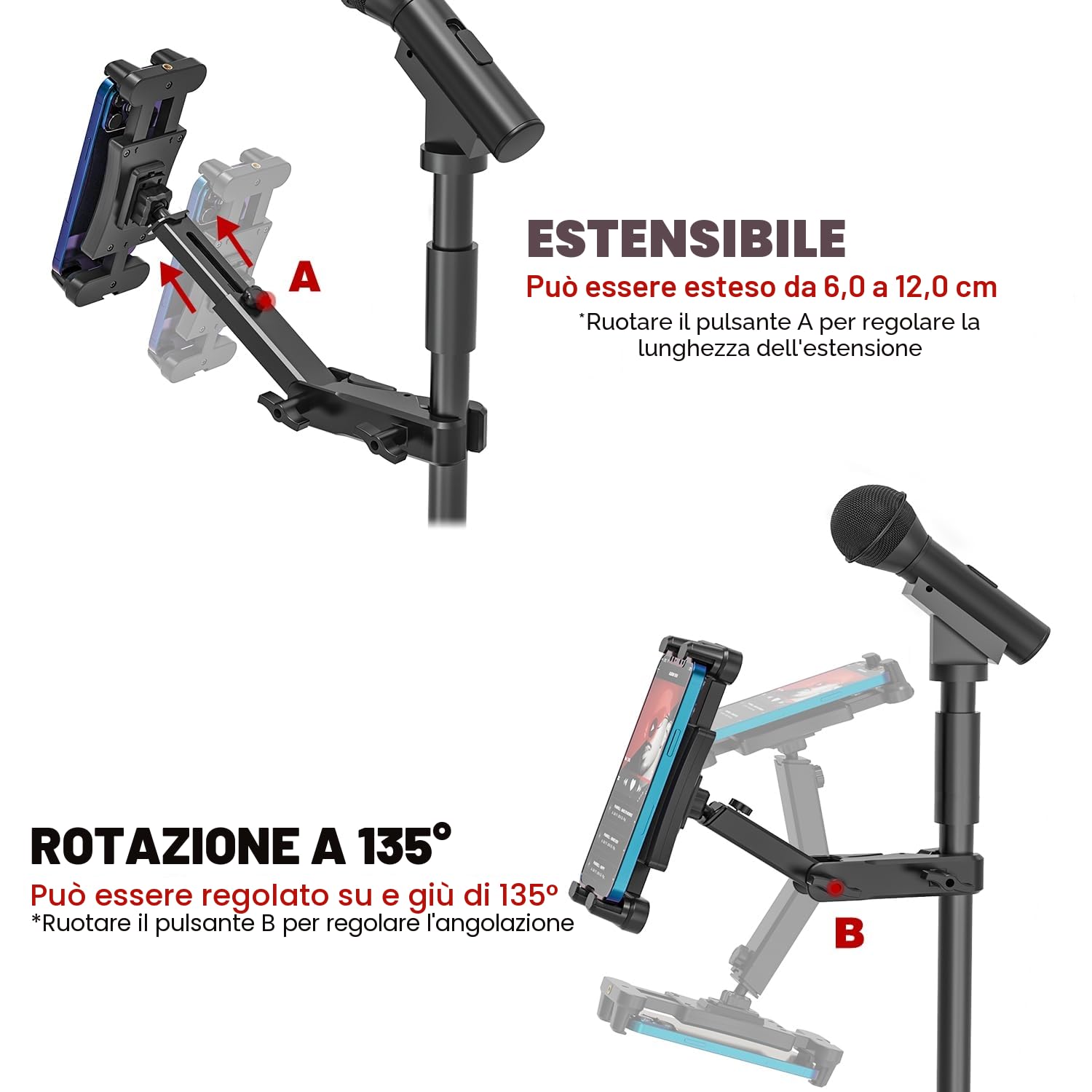 Supporto Tablet per Microfono, Porta Tablet Asta Regolabile 360°, Support iPad 4,7-13,5"