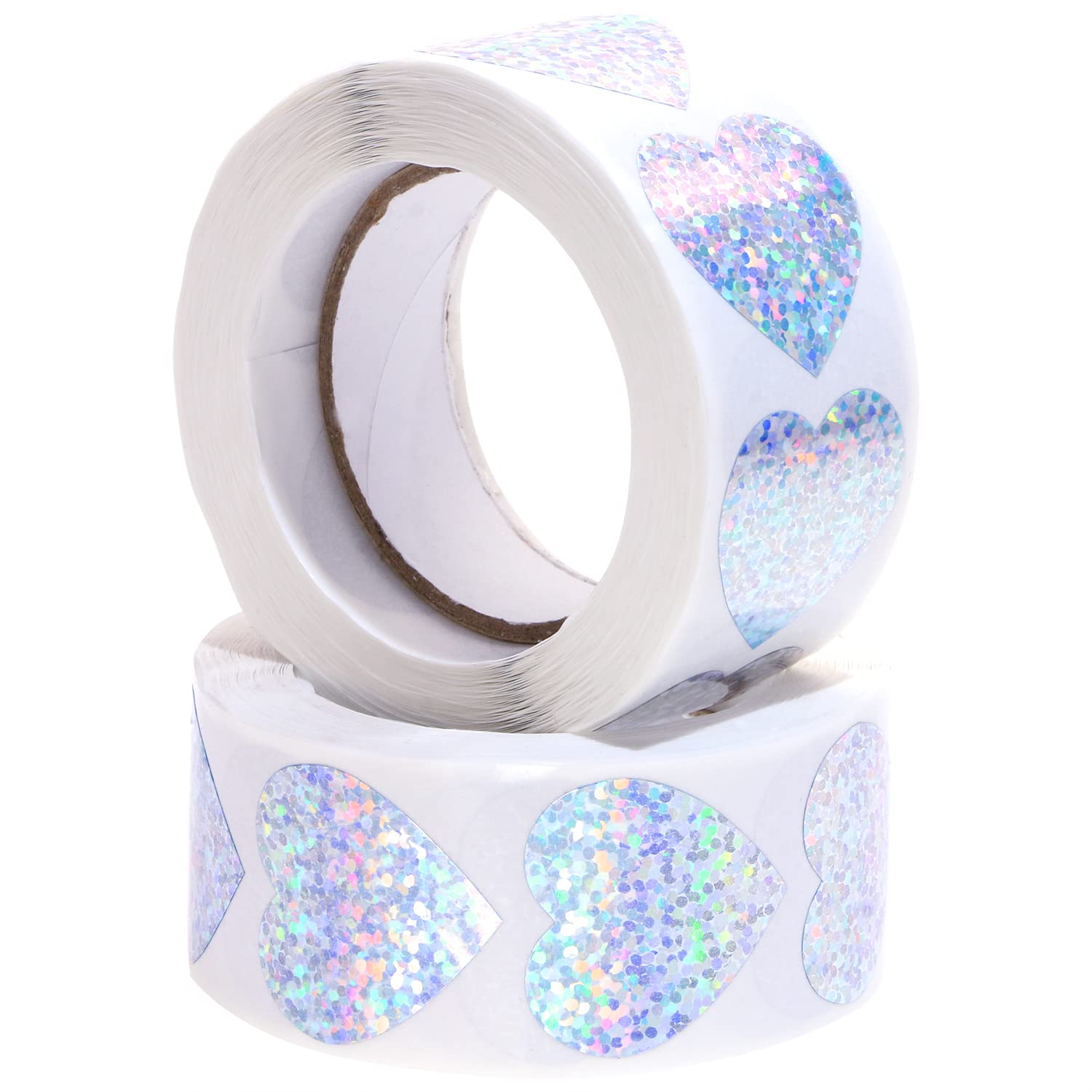 Mini Skater 1inch Silver Holographic Sparkle Heart Stickers Multi-Purpose Sealing Adhesive Labels for Packaging Seals Tag Teacher Supplies, 2 Rolls,
