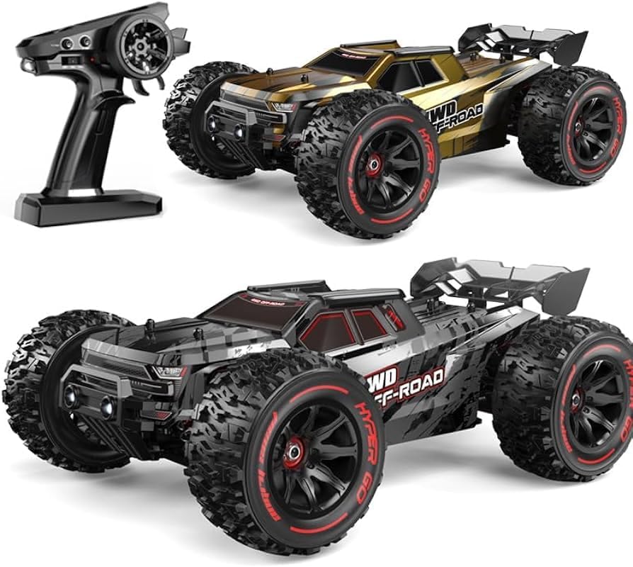 MJX Hyper Go 14210 RC car with two different colored shells and the remote control.