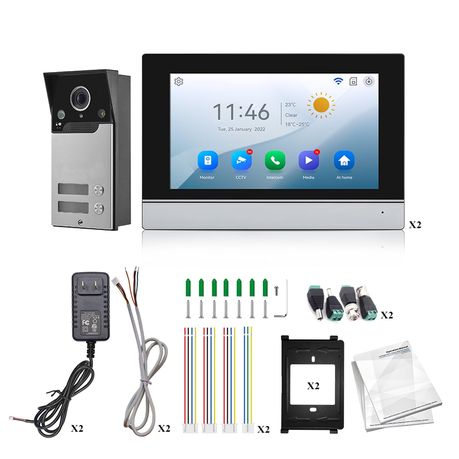 Wifi Tuya Videocitofono Cablato 2 Unità Campanello Per Il Sistema Di Videocitofono Domestico Video Campanello, Touch Screen Da 7 Pollici Del Monitor Interno, Telecamera Di Visione Notturna 1080p