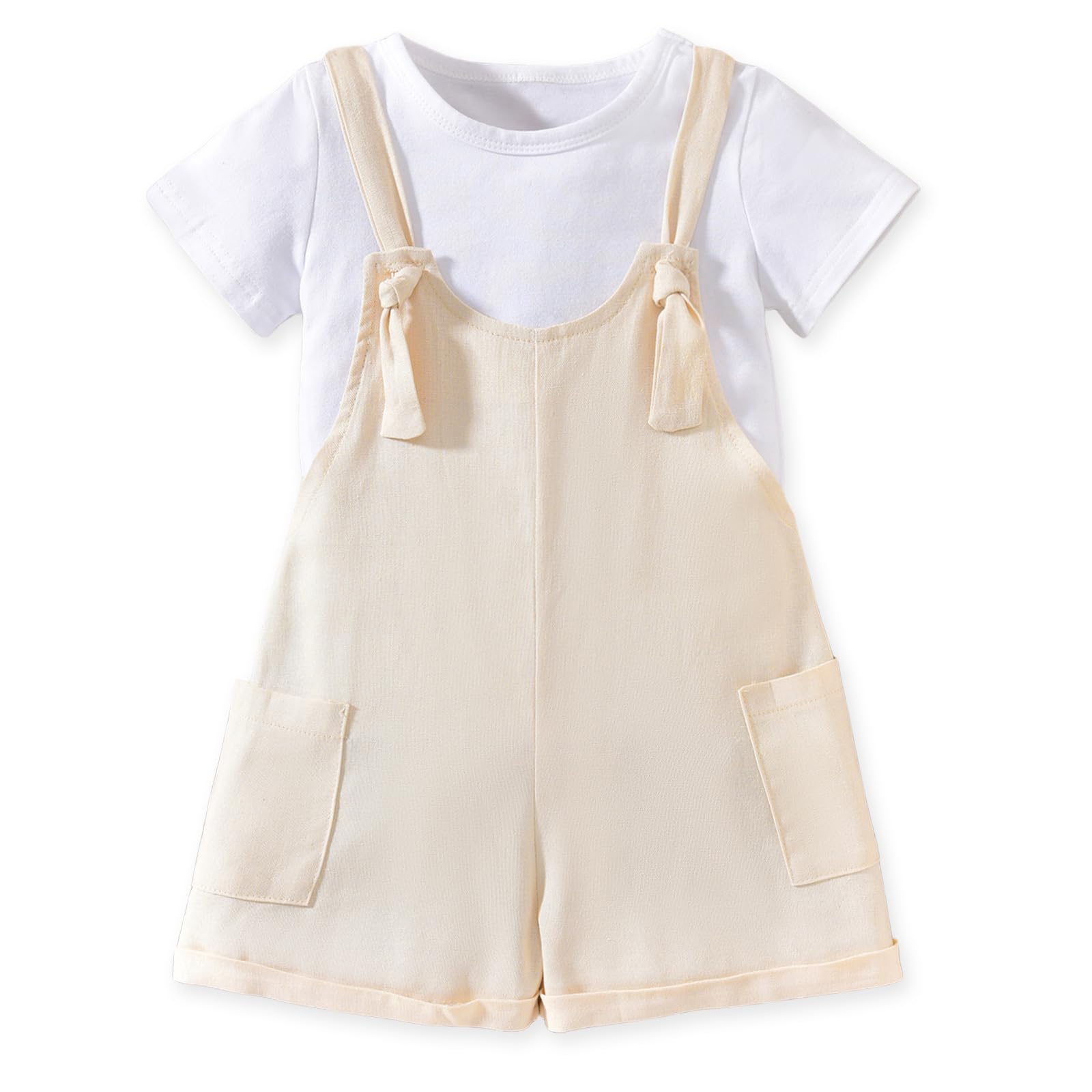 HINTINA Toddler Girl Overall Shorts Set Adjustable Loose Jumpsuit Short Sleeve T-shirt Vacation Summer Outfits with Pockets