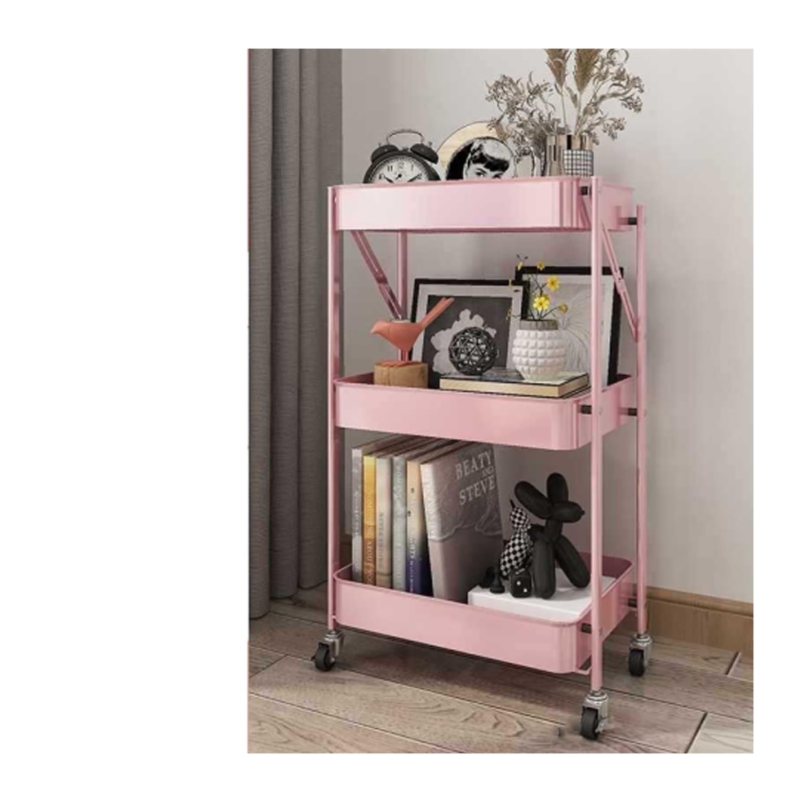 FZL02068LM Serving Trolleys Kitchen Movable Folding Trolley, Storage Rack, Multi-layer Floor, Living Room Snack, Vegetable Basket Organization(Pink)