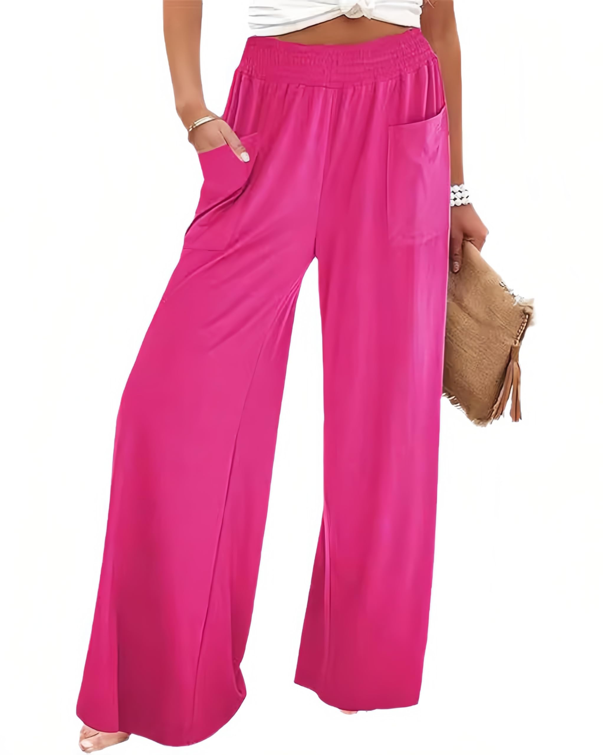 Mettclasi Womens High Waisted Flowy Wide Leg Pants Casual Loose Cozy Smocked Elastic Waist Beach Palazzo Pants with