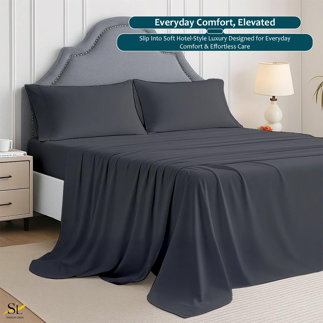 Shreem Linen Twin 4 Piece Sheet Set, 1800 Ultra Soft Hotel Luxury Bedding, Breathable and Cooling, Deep Pockets Fit 8-16 Inch Mattress, Dark Grey