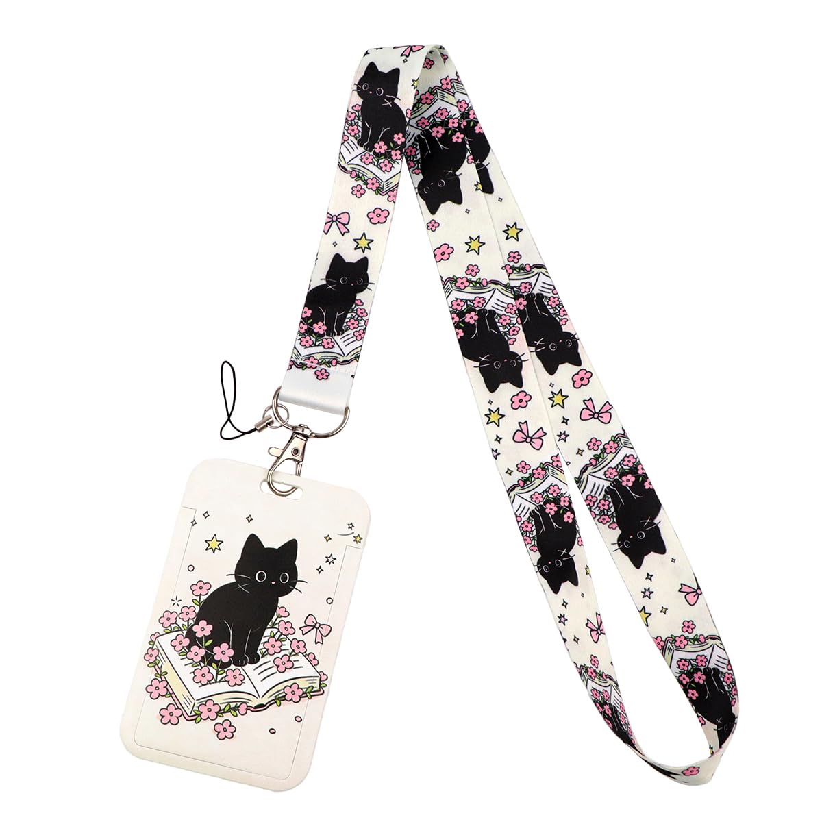 Cute Black Cat ID Lanyard with Card Holder Book & Flowers ID Badge Holder Lanyard for Neck for Keys Name Tag ID Holder, Women Girls Kids Teachers Staff, Office & School — image 1