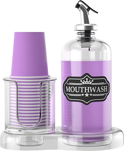 Juego de dispensadores de enjuague bucal para baño botella de vidrio transparente de 16 onzas con soporte de vasos de plástico decoración de