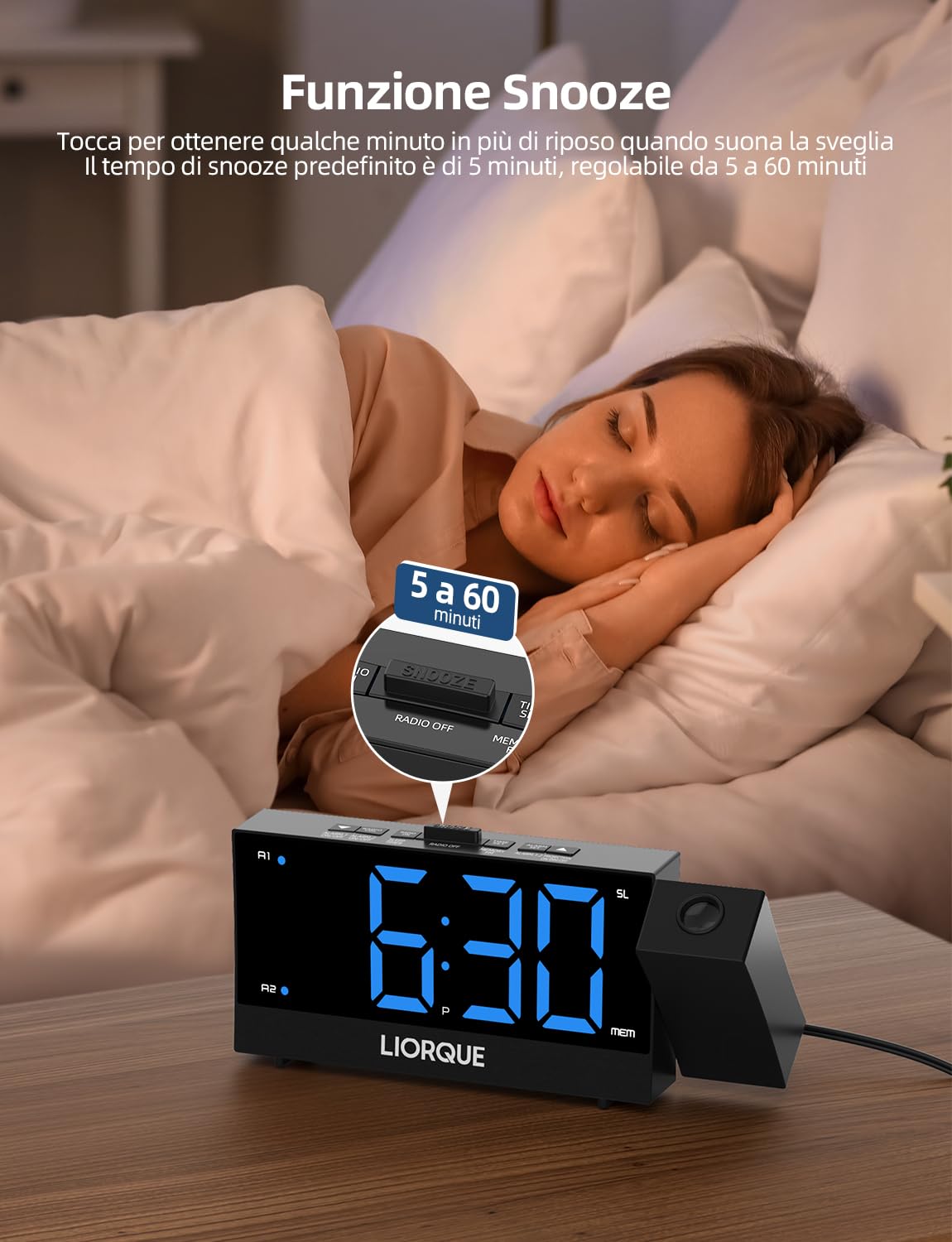 LIORQUE Sveglia con Proiettore a Soffitto, Radiosveglia con Proiettore a Grande Schermo, Sveglia Digitale con Doppia Sveglia, Funzione Snooze, Regolazione Infinita Della Luminosità, 2 Porte USB